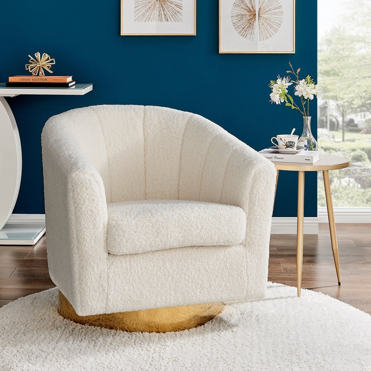 New Pacific Direct Natasha Faux Shearling Fabric w/ Gold Metal Swivel Accent Arm Chair  - 1900192-560
