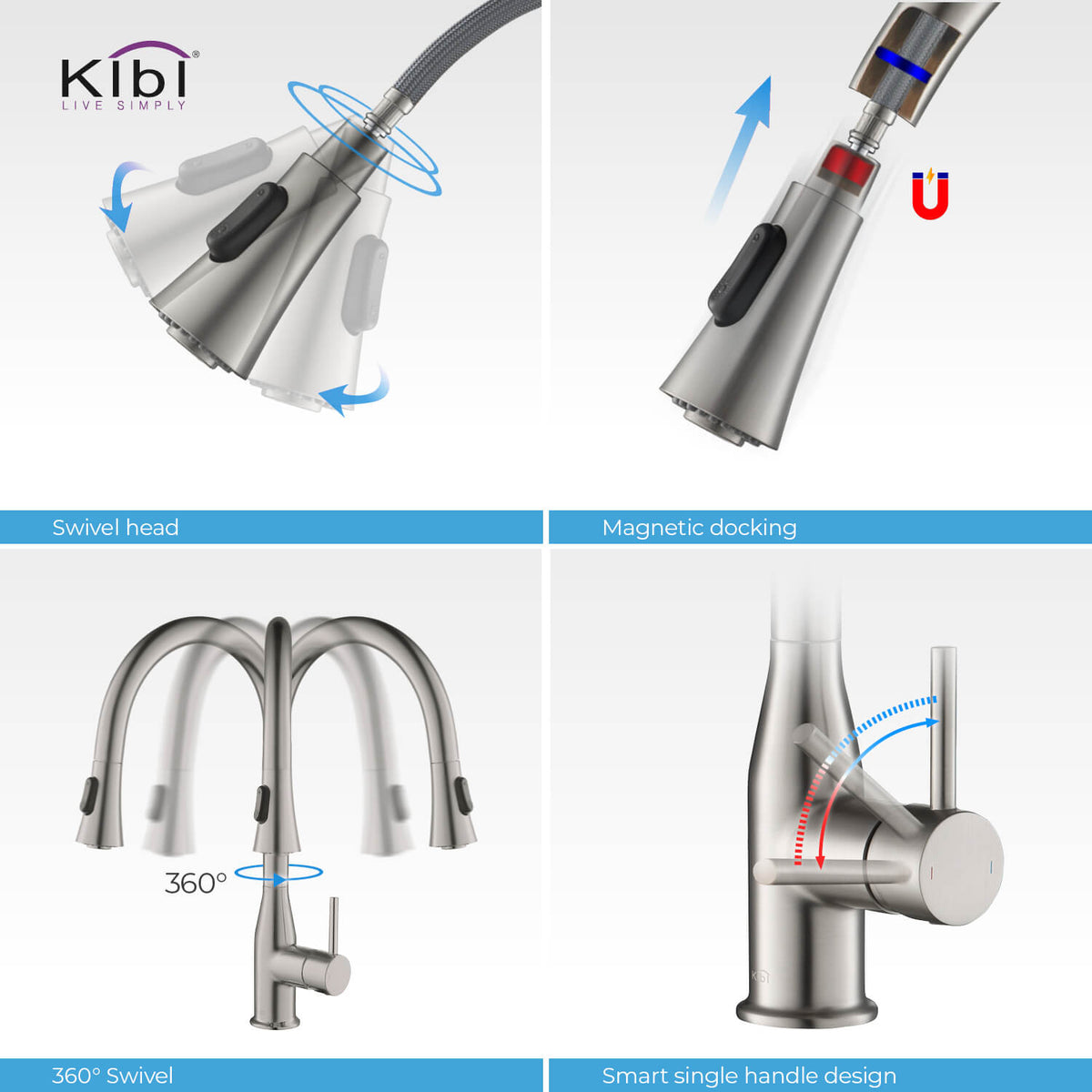 KIBI Napa Single Handle High Arc Pull Down Kitchen Faucet With Soap Dispenser in Brushed Nickel Finish - C-KKF2005BN-KSD100BN