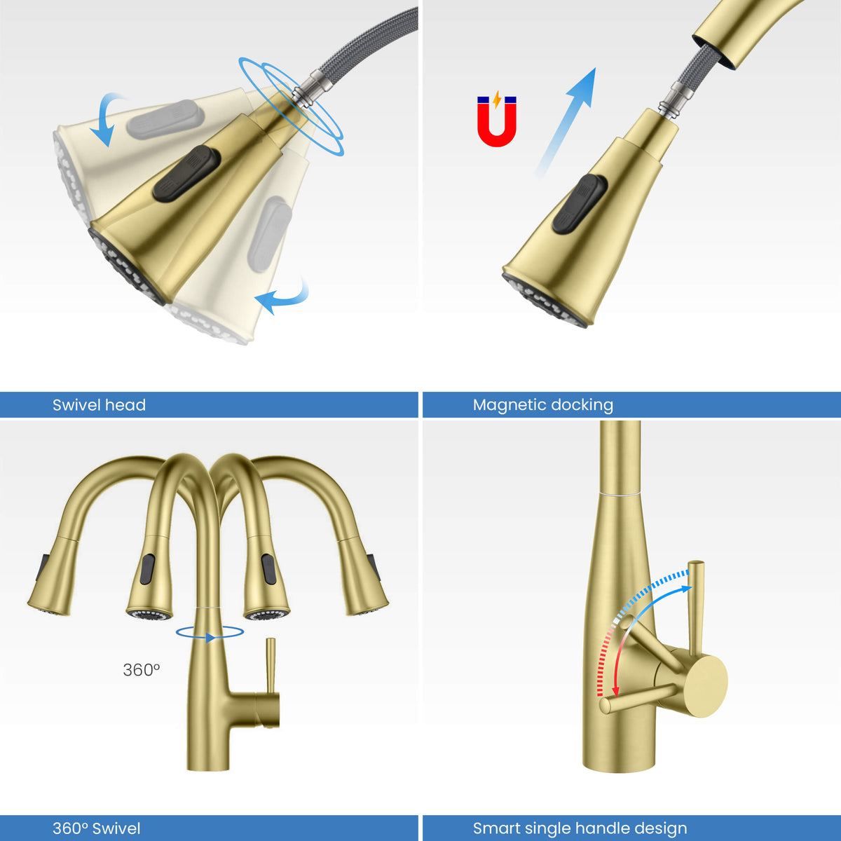 Kibi Bari Single Handle Pull Down Kitchen and Bar Sink Faucet With Soap Dispenser in Brushed Gold Finish - C-KKF2015BG-KSD100BG