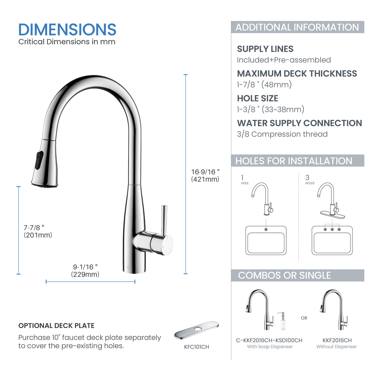 Kibi Bari-T Single Handle Pull Down Kitchen Sink Faucet in Chrome Finish - KKF2016CH