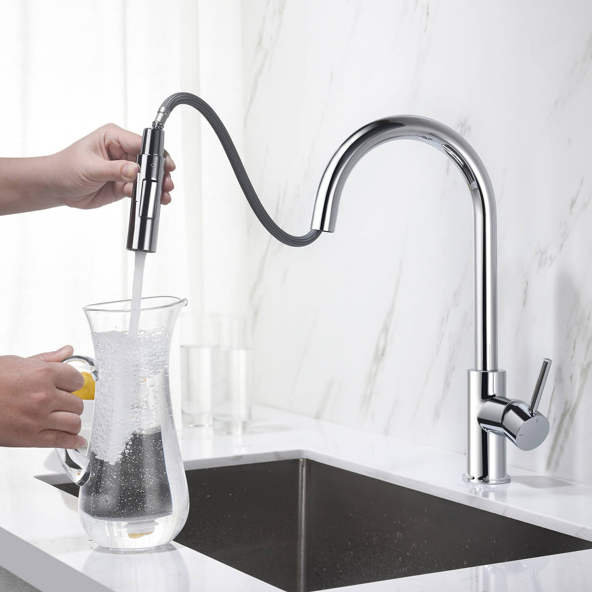 Kibi Circular Single Handle Pull Down Kitchen Faucet in Chrome Finish - KKF2013CH