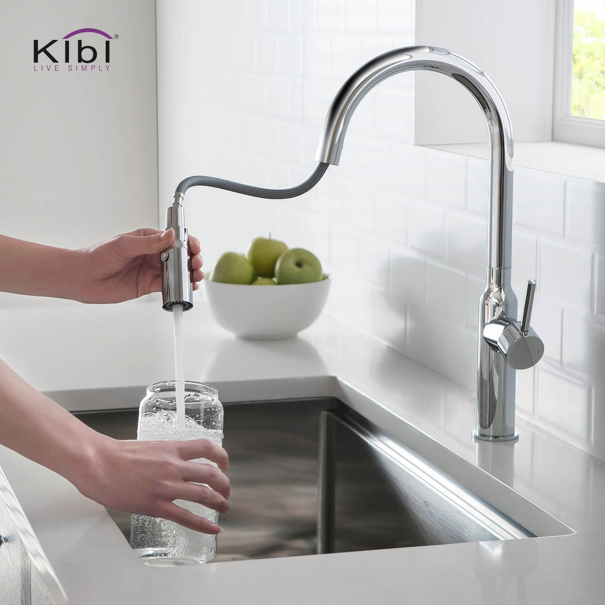 Kibi Hilo Single Handle High Arc Pull Down Kitchen Faucet With Soap Dispenser in Chrome Finish - C-KKF2008CH-KSD100CH