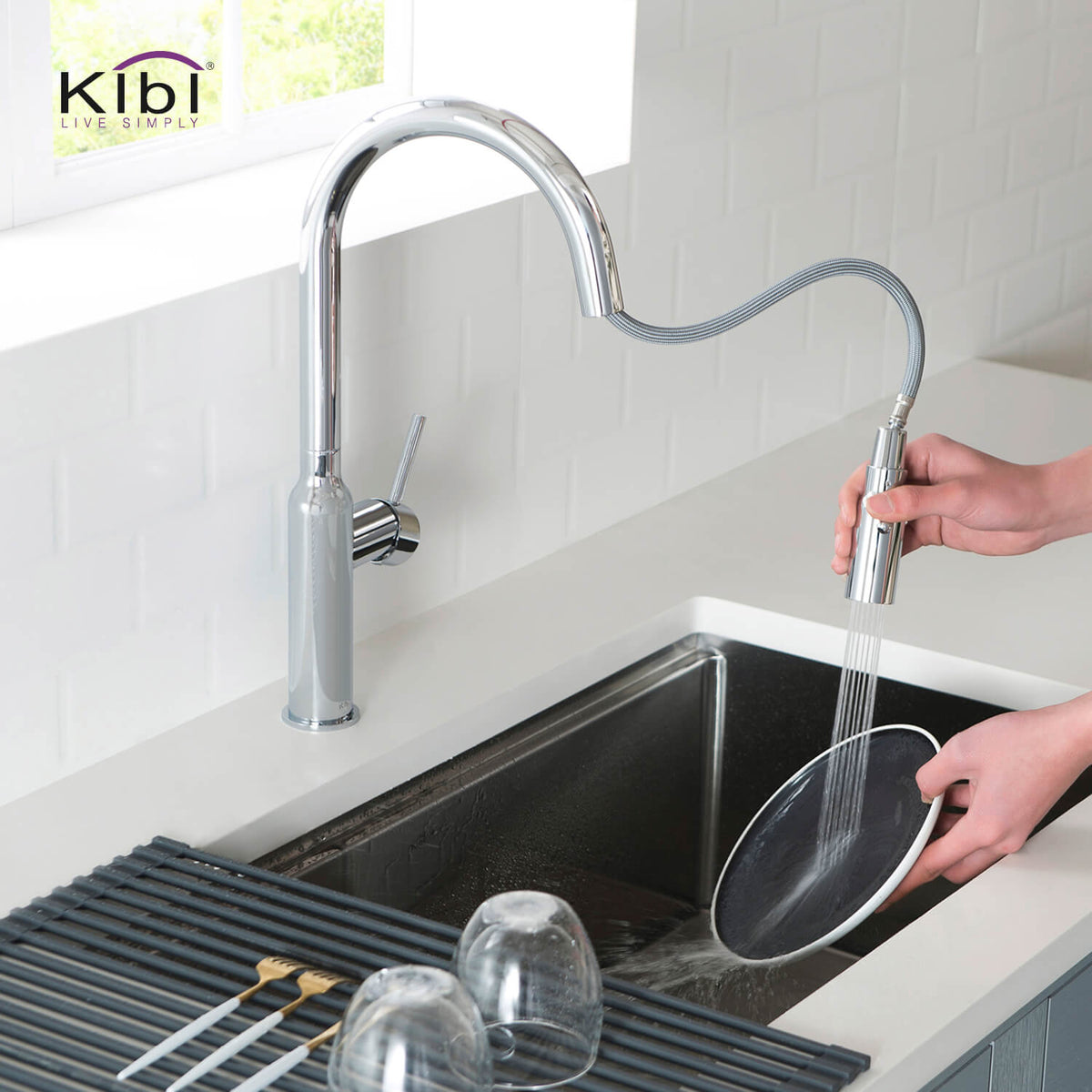 Kibi Hilo Single Handle High Arc Pull Down Kitchen Faucet With Soap Dispenser in Chrome Finish - C-KKF2008CH-KSD100CH