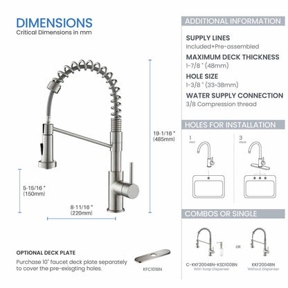 Kibi Lodi Single Handle High Arc Pull Down Kitchen Faucet IN Brushed Nickel Finish - KKF2004BN