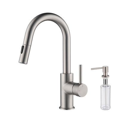 Kibi Luxe Single Handle High Arc Pull Down Kitchen Faucet With Soap Dispenser in Brushed Nickel Finish - C-KKF2011BN-KSD100BN