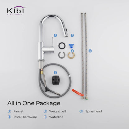 Kibi Luxe Single Handle High Arc Pull Down Kitchen Faucet With Soap Dispenser in Chrome Finish - C-KKF2011CH-KSD100CH