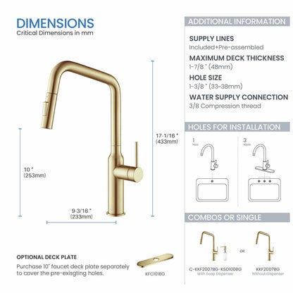 Kibi Macon Single Handle High Arc Pull Down Kitchen Faucet With Soap Dispenser in Brushed Gold Finish - C-KKF2007BG-KSD100BG