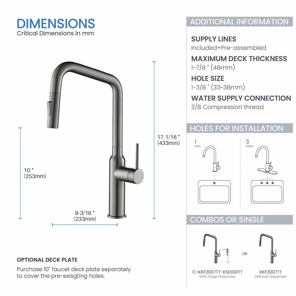 Kibi Macon Single Handle High Arc Pull Down Kitchen Faucet in Titanium Finish - KKF2007TT