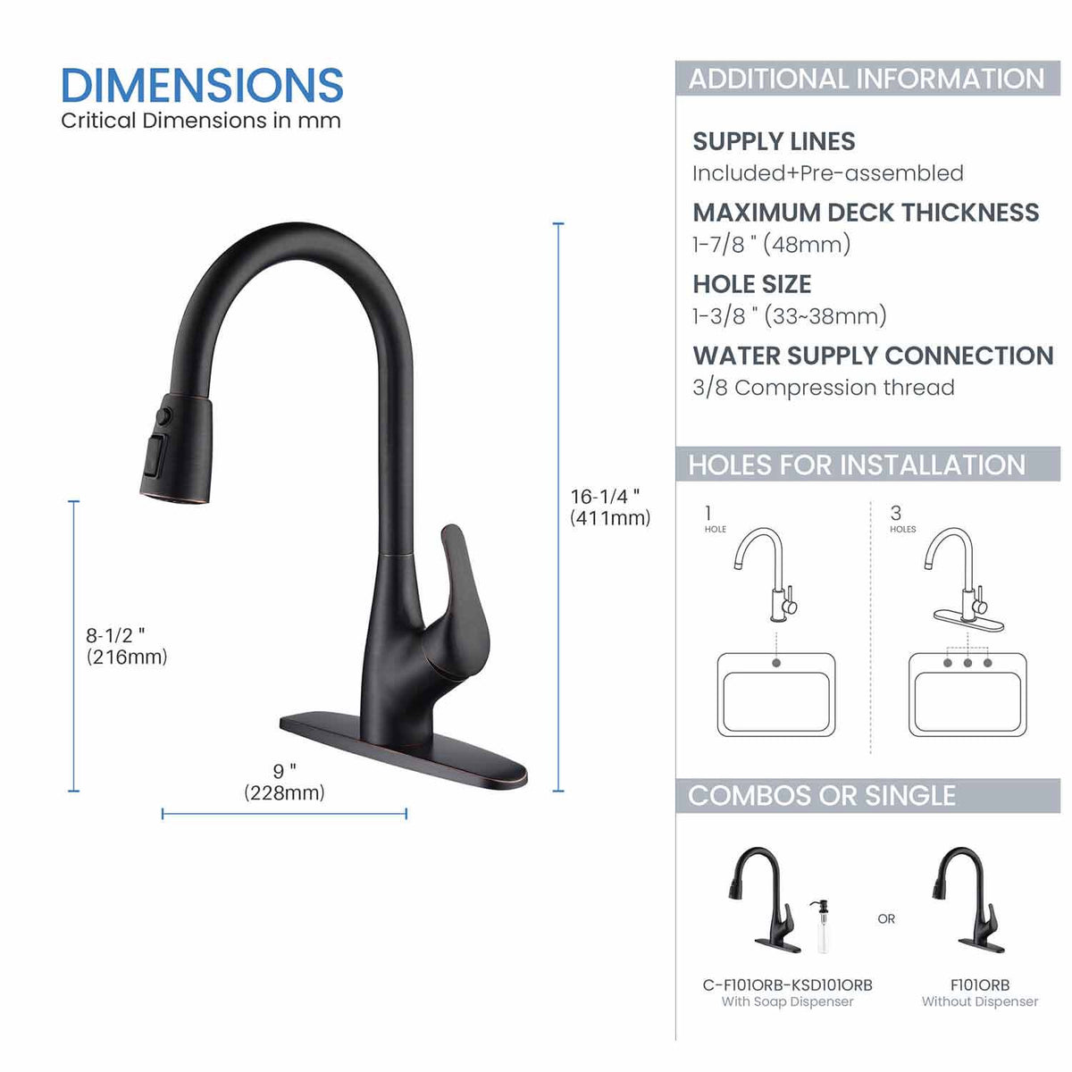 Kibi Single Handle Pull Down Kitchen Faucet In Oil Rubbed Bronze Finish - F101ORB