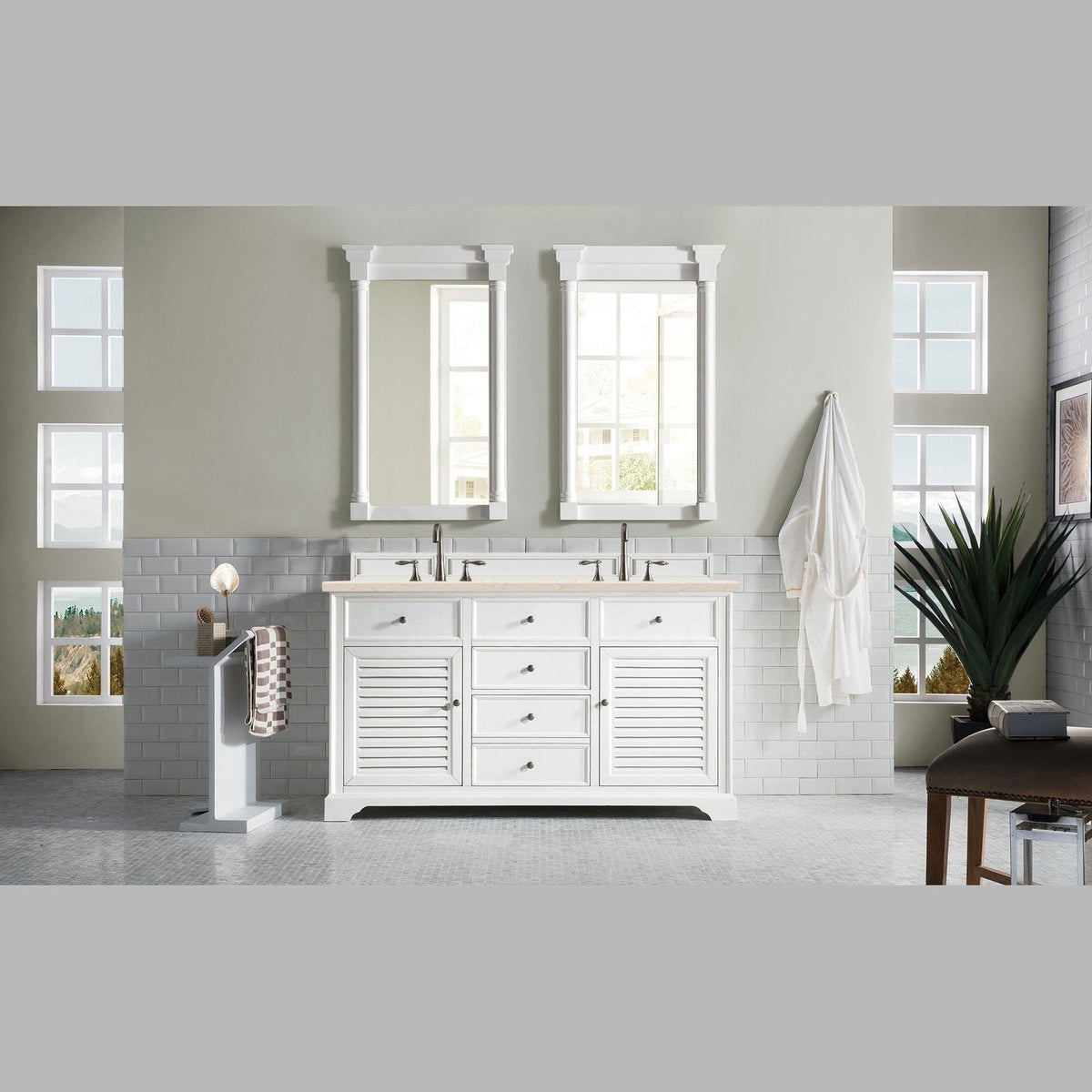 James Martin Vanities Savannah 60" Bright White Double Vanity - 238-104-V60D-BW-3AF